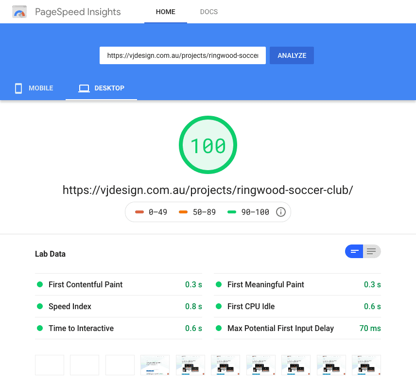 Google Page Speed Test 100 score on Desktop