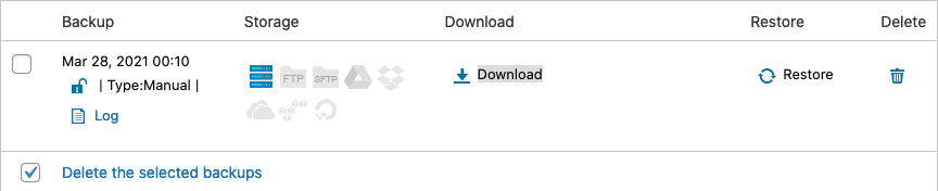 Backup showing Download button