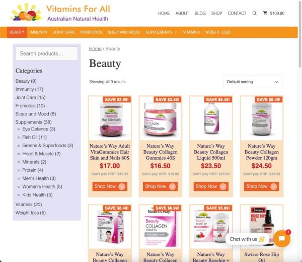 Responsive Design - eCommerce website for a client vitaminsforall.com.au powered by WordPress showing a category of products in the Desktop Layout. 