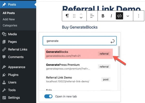 Referral Custom Post Type can be selected when creating links