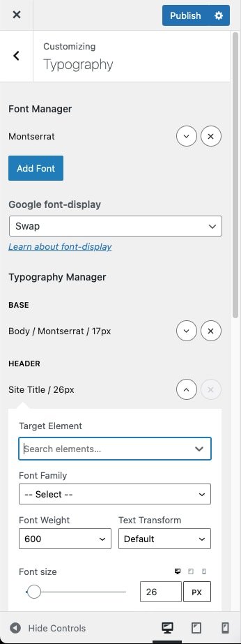 Typograpphy section has been updated. It now includes a Google font-display section and a typography manager dependant on the Font manager.