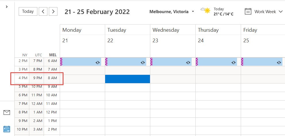 Outlook Calendar - See what time it is in London or New York when you book your meeting in Melbourne, Australia