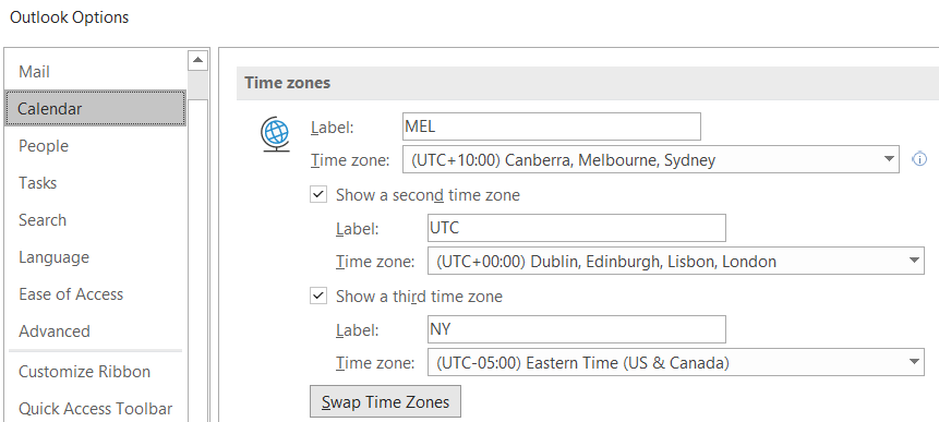 Display Multiple Timezones. From Outlook File menu, select Options > Calendar > Time Zones