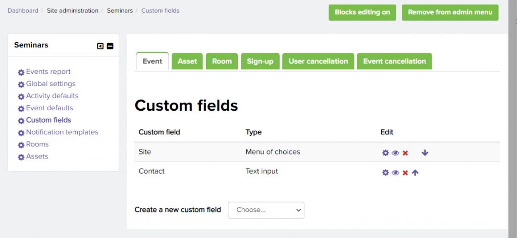 The Seminars Custom Fields page showing the Site custom filed on the Event tab.