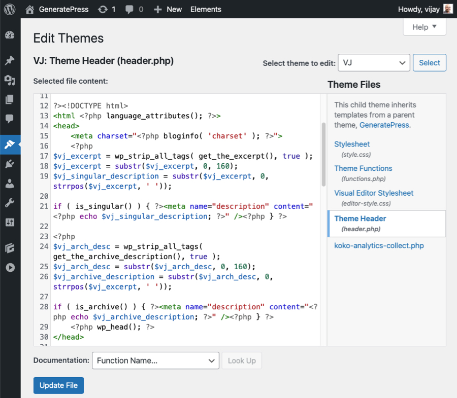 WordPress theme editor showing the code I have added to header.php file
