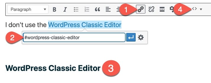 How do I link an anchor tag in WordPress Classic editor?