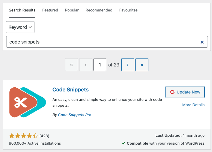 Search for and install Code Snippets by Code Snippets Pro