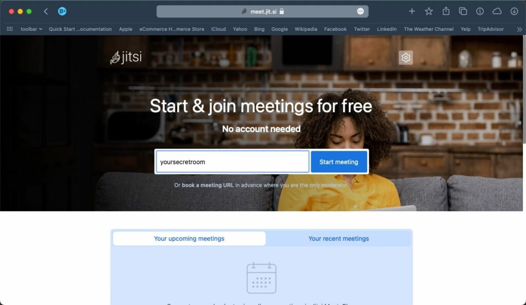 Jitsi homepage at https://meet.jit.si/ where you can create your own meeting space on the fly