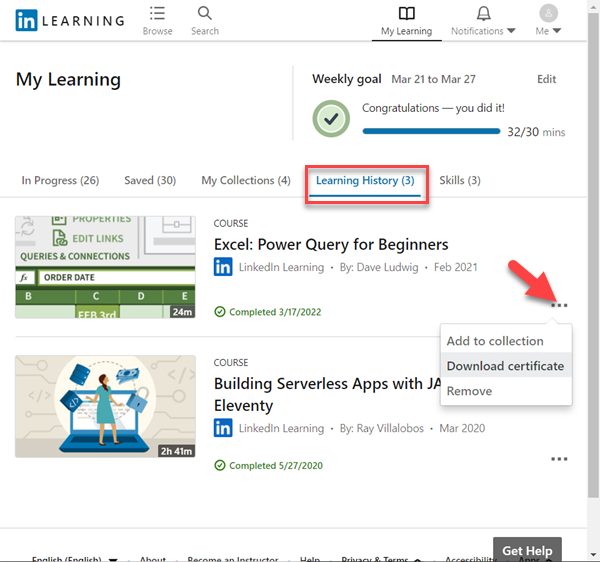 LinkedIn Learning allows you to set goals and download certificate of completions.