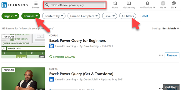Find content on LinkedIn Learning by applying these easy filters