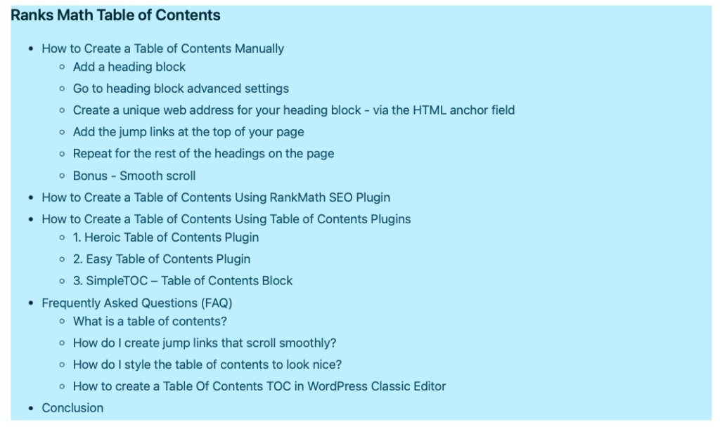 rank math table of contents - How to create a Table Of Contents (TOC) in WordPress with/without plugin