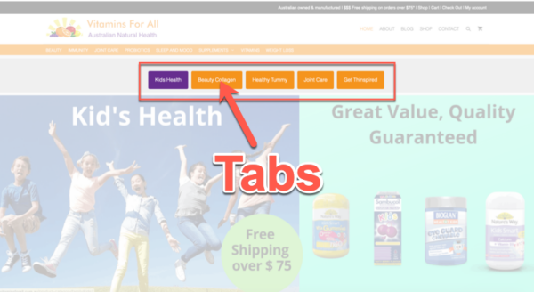 Vitamins For All uses GenerateBlocks Tabs in place of a slider